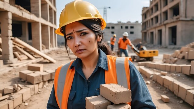 A poor sad female worker with tears in eyes, wearing yellow helmet, carrying heavy bricks on his back, working on a construction site