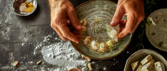 Man preparing food on plate with spoon, rustic wooden table, art and craft concept