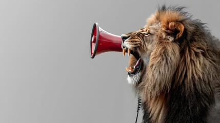 Lion roaring on a megaphone. Advertisement concept with wide copy space for text. 