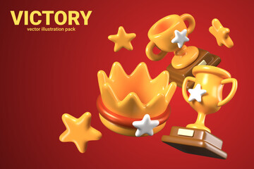 Set of golden trophies on red background. Collection of 3D prizes for best players