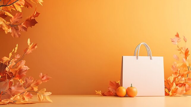 Shopping bags autumn background with 3d red and yellow fall leaves. Thanksgiving advertising, sale and discount concept three dimensional realistic banner design with cope space. banner