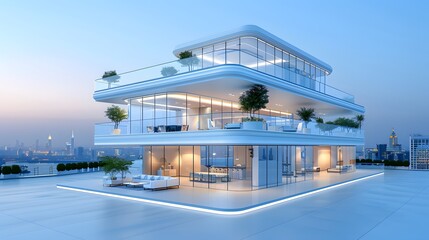 A futuristic residential building with cantilevered balconies and large windows. List of Art Media Minimalist realistic