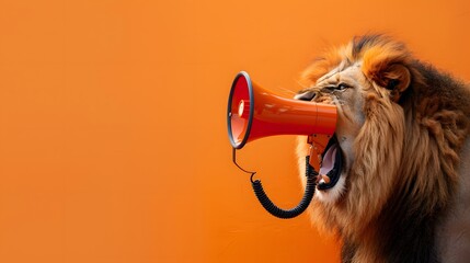 Fototapeta premium Lion roaring on a megaphone. Advertisement concept with wide copy space for text. 