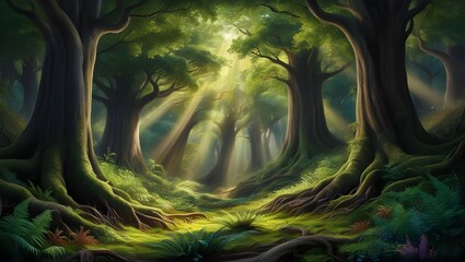 A dense forest with sunlight filtering through the trees, creating beams of light and deep shadows on the forest floor