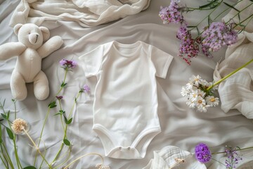 Fototapeta premium Neutral Baby Clothing Design with Floral Elements for Childcare and Baby Fashion Concepts