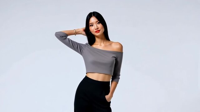 A stylish young woman stands confidently on a white background, her hand casually tucked in her pocket, exuding a sense of self-assurance.