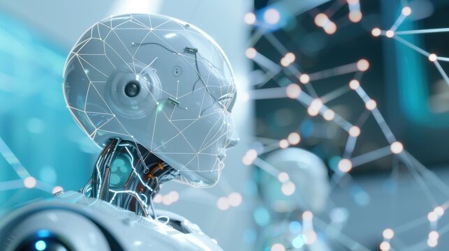 Graphical representation of large language models showcasing data power, connections, futuristic AI robots, revolutionary technology, machine learning, and global blockchain research for humanity.