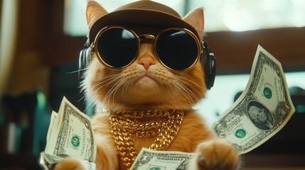 A cool ginger cat wearing a fedora, sunglasses, and a gold chain, with dollar bills around it.