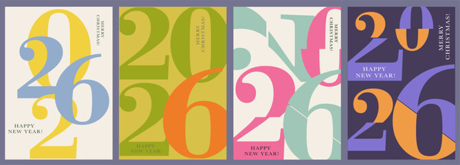 Set Numbers 2026 Year. Happy New Year 2026 and Merry Christmas. Background Numbers in the Green, Blue, Pink, Orange Colors. Vector Illustration for Web Banners, Social Media Posts, Posters.