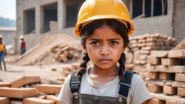 A poor sad little girl with tears in eyes, wearing yellow helmet, carrying heavy bricks on his back, working on a construction site, world day against child labor - Powered by Adobe
