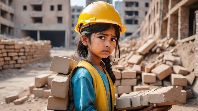 A poor sad little girl with tears in eyes, wearing yellow helmet, carrying heavy bricks on his back, working on a construction site, world day against child labor
