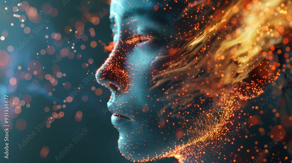 Wall mural Digital Art of a Woman's Face Emerging from Glowing Particles