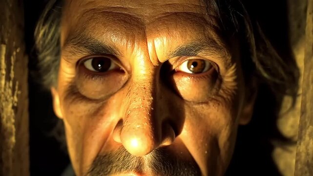 Close-up of a man's face illuminated by warm, golden light, creating a striking contrast against the black background.