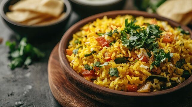 A traditional Indian breakfast of poha with sev, with room on the right for text