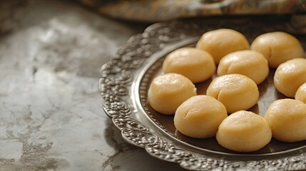 Fototapeta premium A traditional Indian sweet, peda, served on a silver plate with space on the left for copy
