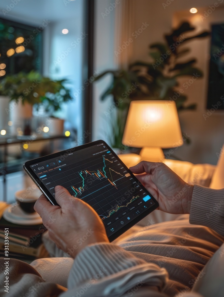 Poster a person holds a tablet showcasing a money-making app while relaxing in a well-lit room with plants 