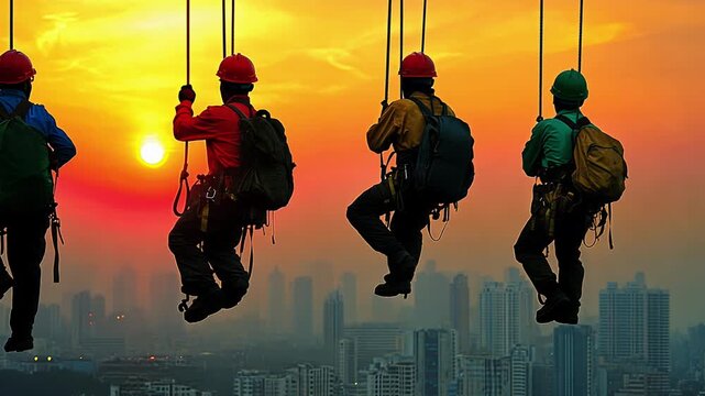Four workers in safety gear dangle from ropes against a vibrant sunset over a bustling urban skyline.