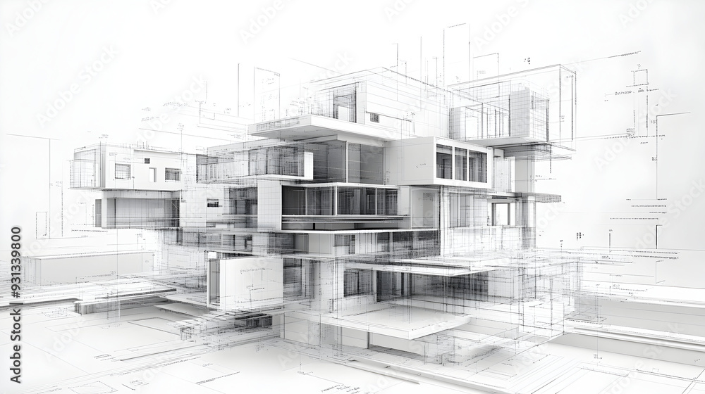 Poster architecture 3d and blueprints representation, generative ai