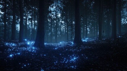 Fototapeta premium A dark forest at night with glowing blue fireflies on the ground.