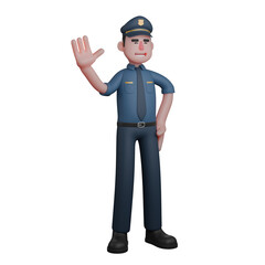 Cartoon Style Police Officer. A police officer waving his right hand near a smiling face. 3D Man