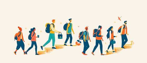 Group of people walking up a set of stairs, adventure and exploration concept