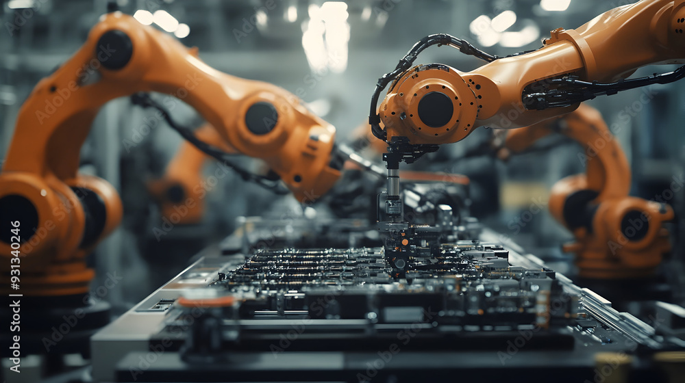 Poster automated robotic arms assemble intricate electronics on a high-tech production line, showcasing adv
