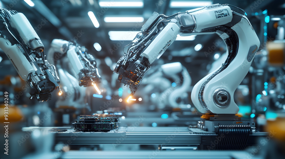 Poster automated robotic arms meticulously assemble complex electronics on a state-of-the-art production li