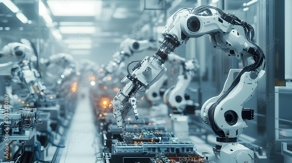 Poster automated robotic arms assemble intricate electronics on a high-tech production line, showcasing adv