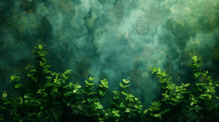 Fototapeta premium Lush green foliage on green wall background, relaxation and creativity atmosphere. Generative AI