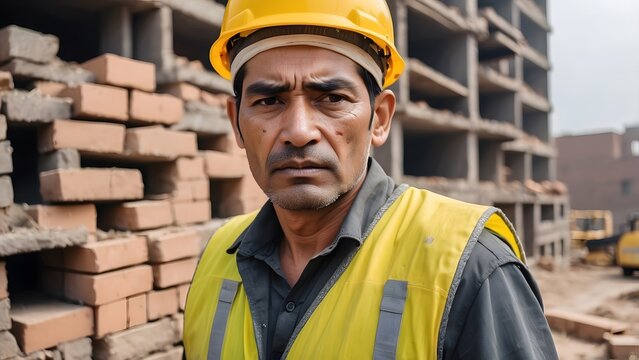 A poor sad worker with tears in eyes, wearing yellow helmet, carrying heavy bricks on his back, working on a construction site