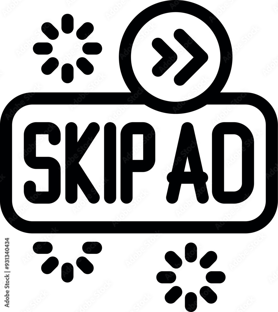 Poster black outline icon of a skip ad button with loading icon, symbolizing the ability to bypass advertis