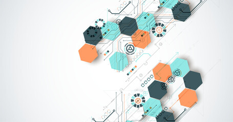 Abstract circuit board background with hexagons. Hi-tech digital technology concept. Hand drawn vector.