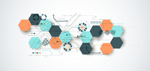 Abstract circuit board background with hexagons. Hi-tech digital technology concept. Hand drawn vector.