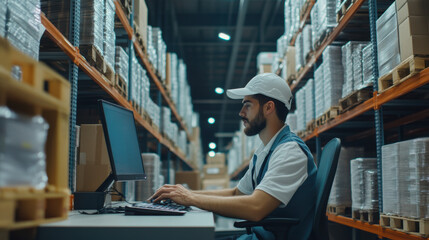 Warehouse clerk working with a computer