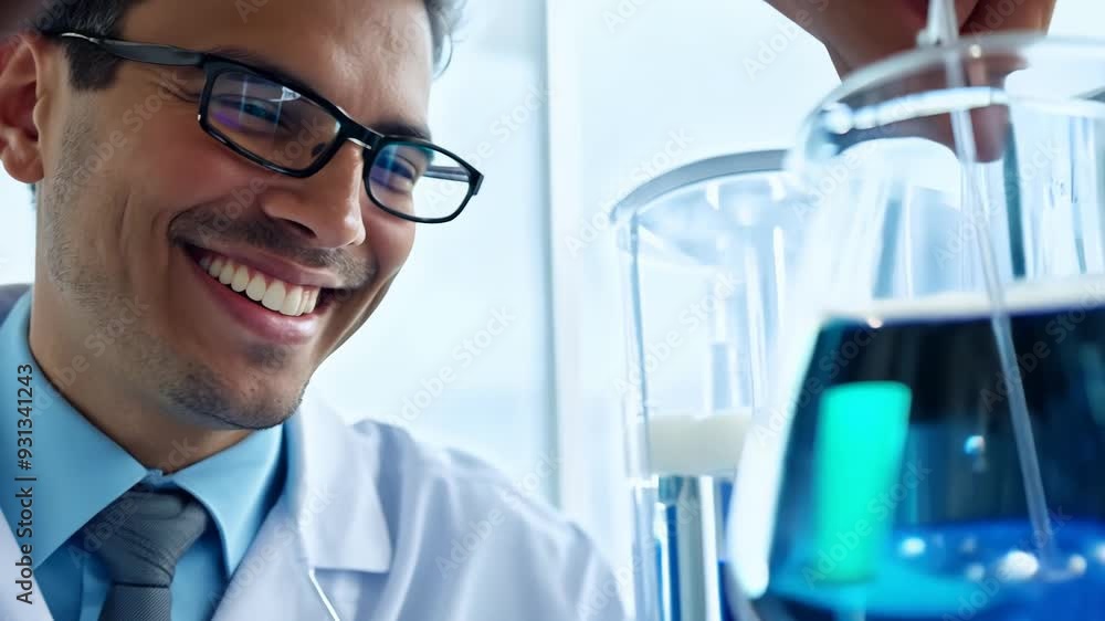 Poster a smiling scientist mixes a blue liquid while working in a bright laboratory setting