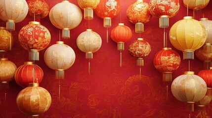 A red and gold background with many lanterns hanging from the ceiling