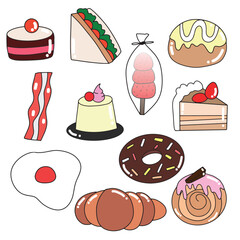 set of watercolor, handrawn line breakfast doodles element. vector bakery food pastry design