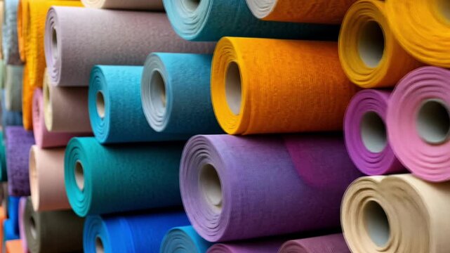 Vibrant rolls of fabric in various colors are stacked neatly in a market, showcasing a wide range of textures and shades.