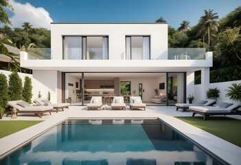 Fototapeta premium Exterior of elegant luxury resort home villa with swimming pool, Eco luxury modern villa with pool at dusk