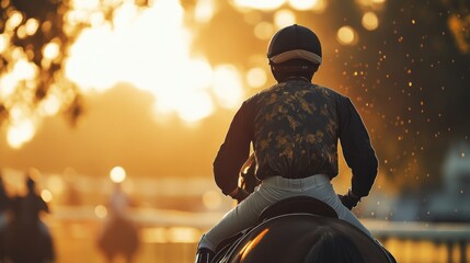 Jockey Riding a Horse at Sunset