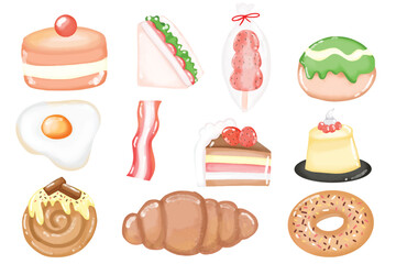 set of watercolor, handrawn line breakfast doodles element. vector bakery food pastry design