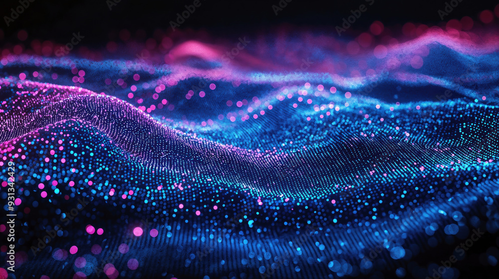 Poster Abstract blue and pink glowing particles surface forming big data wave. Futuristic technology concept. High quality photo