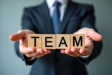 Obraz premium Businessman holding a wooden block with the word Team. Generative AI