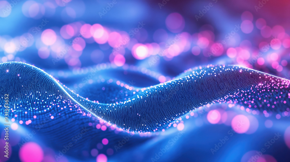 Aufkleber abstract digital waves of blue and pink particles with bokeh effect on a dark background. futuristic