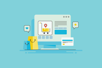 Digital store on laptop screen, ecommerce web UI for better customer experience and instant checkout with secure bank transaction, online shopping filled outline vector illustration.