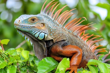 Fototapeta premium Colorful iguana perched in lush greenery