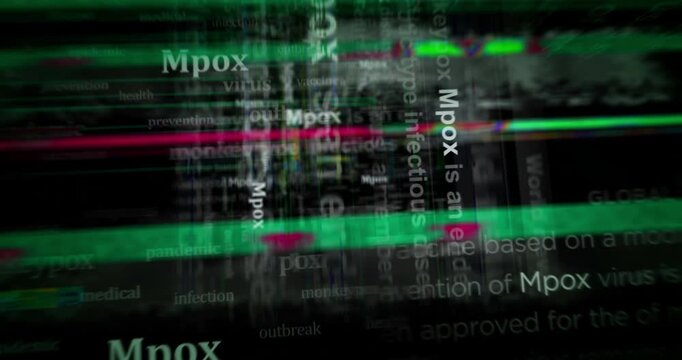 Mpox monkeypox epidemic headline news titles across media. Abstract concept displays loop. Flight between screens with glitch effect seamless and looped 3d.