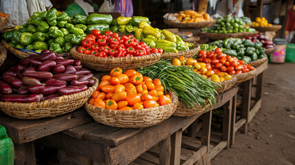 Obraz premium Colorful assortment of fresh vegetables in baskets at a local market stall, showcasing organic produce in vibrant, natural settings.