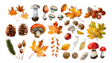 Collection of various autumn objects. Leaves, mushrooms, nuts, fruits etc, isolated on white background