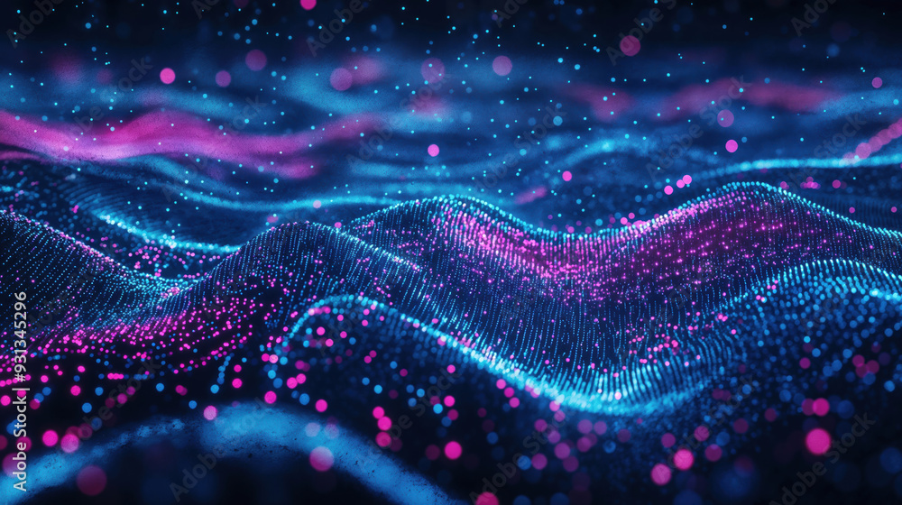 Aufkleber Abstract glowing particles forming waves of data visualization. Futuristic technology concept. High quality photo